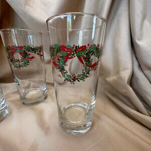 Vintage Libbey Irish Christmas Holly Wreath Ribbon Highball Glasses Set 5